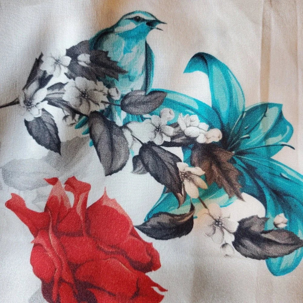Vintage 100% Silk Rectangular Scarf Floral Bird Print Teal Red White 68x20